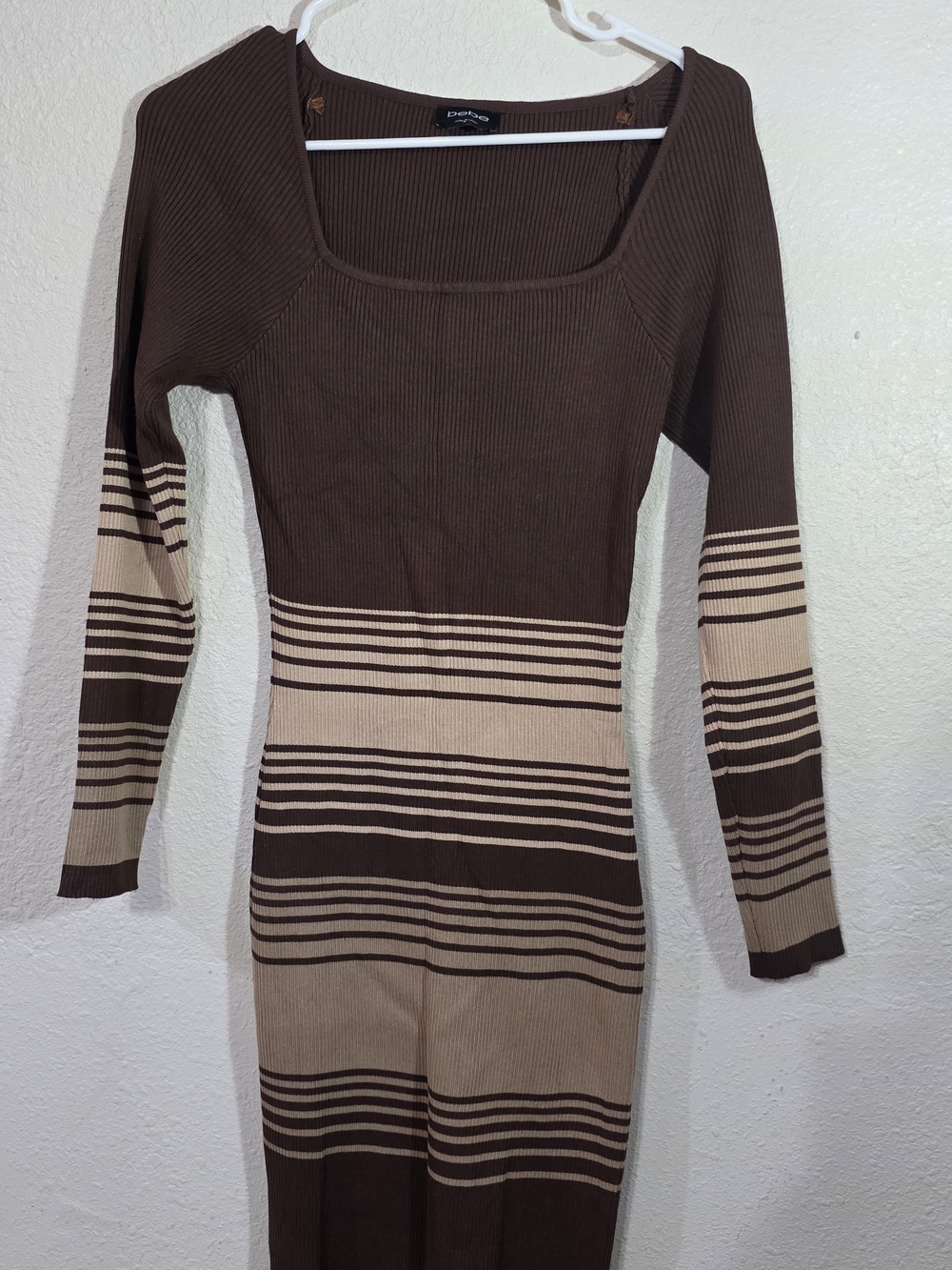 bebe Brown and Beige Striped Long Sleeve Square Neck Dress